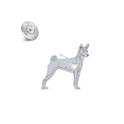 Silver Basenji pin with a heart  - MEJK Jewellery