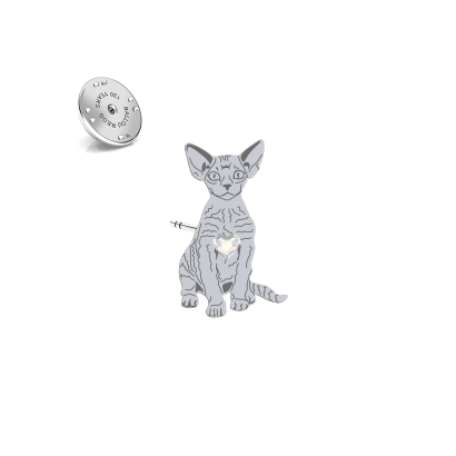 Silver Devon Rex Cat pin with a heart - MEJK Jewellery