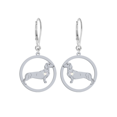 Silver Short-haired dachshund earrings with a heart, FREE ENGRAVING - MEJK Jewellery