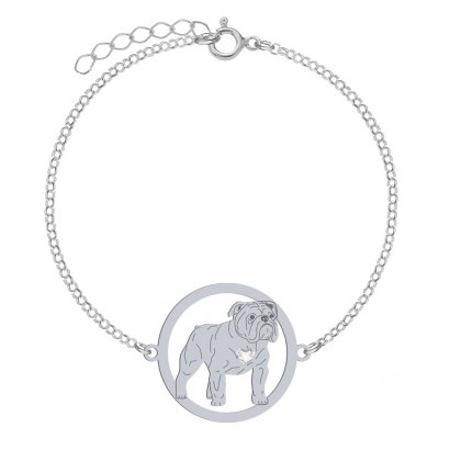 Silver English Bulldog engraved bracelet with a heart - MEJK Jewellery
