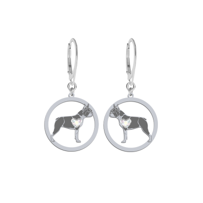 Silver Boston Terrier engraved earrings with a heart - MEJK Jewellery